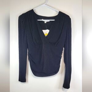 Lola Grace Womens Black Sparkles Long Sleeve Ruched Side V Neck Size Medium NWT.